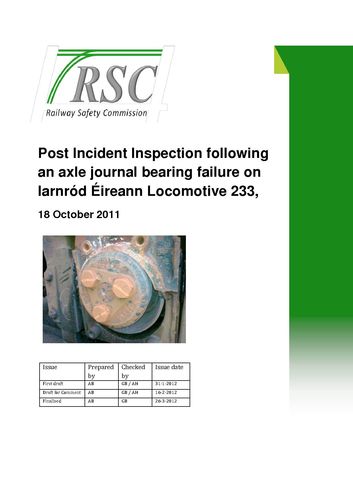 Publication cover - RSC Post Incident Inspection Report into the axle journal bearing failure on Locomotive 233
