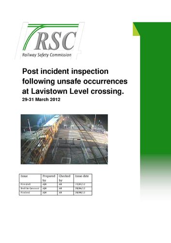 Publication cover - RSC Post Incident Inspection Report into movements over Lavistown Level crossing 30th and 31st March 