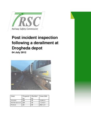 Publication cover - RSC Post Incident Inspection Report into derailment at drogheda depot 