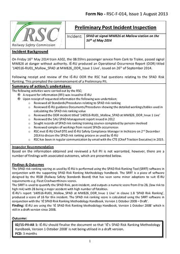 Publication cover - Preliminary Post Incident Inspection following a Signal Passed at danger...