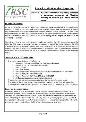Publication cover - Preliminary Post Incident Inspection following an Overhead line dangerou...